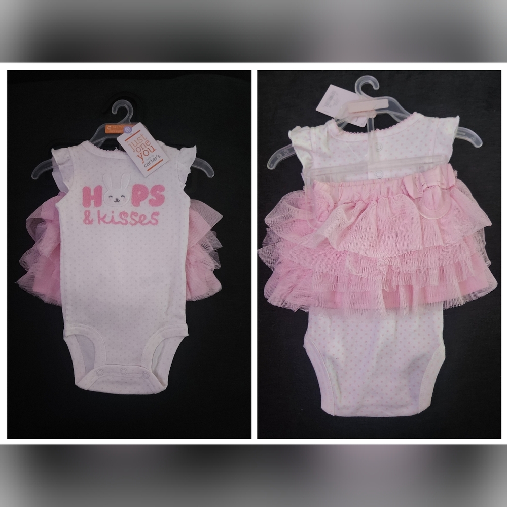 Carters 2pc Pink & White Baby Onesie with Embroidered Bunny Design & Tulle Skirt